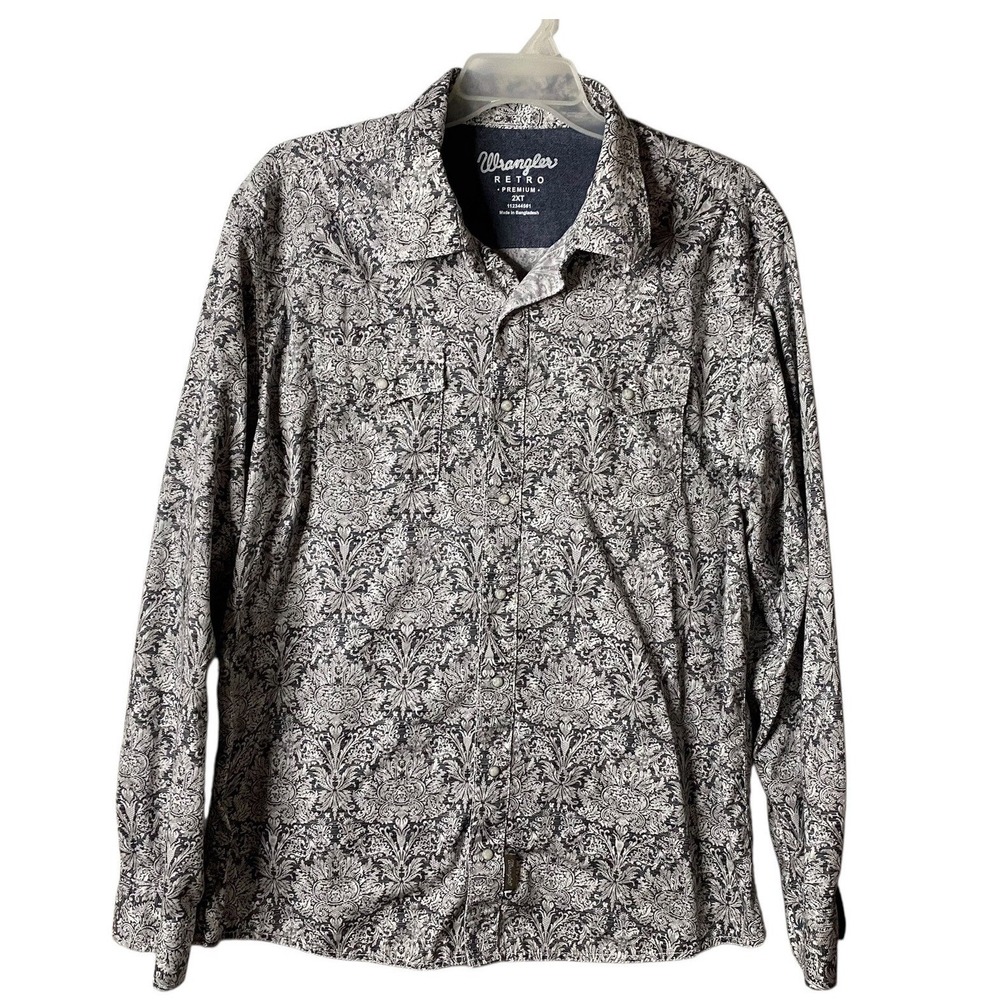 Wrangler Retro Premium Western Shirt Mens 2XT Tall Long Sleeve Gray Paisley Snap